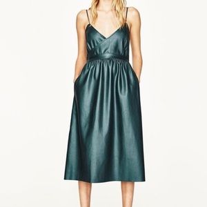 Zara Green Metallic Vegan Leather Faux Wrap Midi Dress